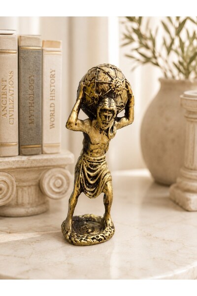 imosas Atlas Heykeli 14 cm Antik Gold Dekoratif Biblo | Mitolojik Ev Dekorasy...