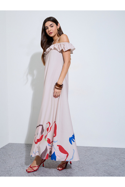Styli Pink Cold Shoulder Sleeve Ruffled Maxi Dress