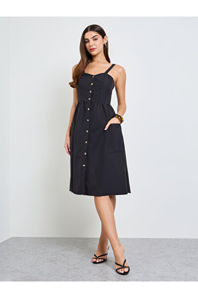 Take Two By Styli Black Button Front Midi Dress with Patch Pocket