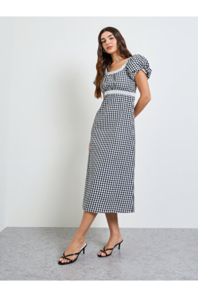 Styli Black Gingham Check Square Neck Midi Dress