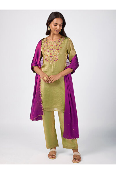 Silver Lime By Styli Green Round Neck Embroidered Short Kurta, Pants and Dupa...