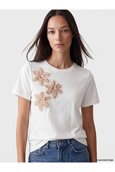 LC Waikiki White Crew Neck Embroidered Women's T-Shirt