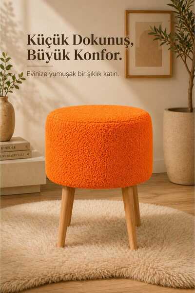 PufyHome Dublin Etna Nil Peluş Çok Amaçlı Dekoratif Puf koltuk 35 ÇAP TURUNCU