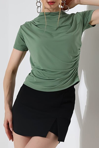 Sabr Sandy Fabric Degaje Collar Draped Short Sleeve Women's Blouse