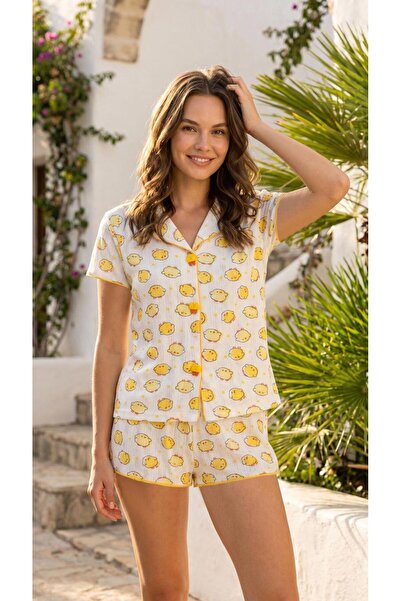 LANA HOMEWEAR KADIN SARI VE BEYAZ CİVCİV DETAYLI ŞORTLU KISA KOLLU POİNTELLA ...