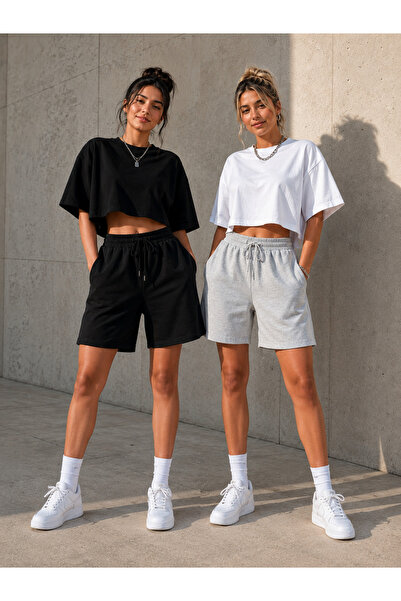 CAONNES 2-Piece Shorts for Women (Black-Grey) Summer Shorts Anti-Sweat