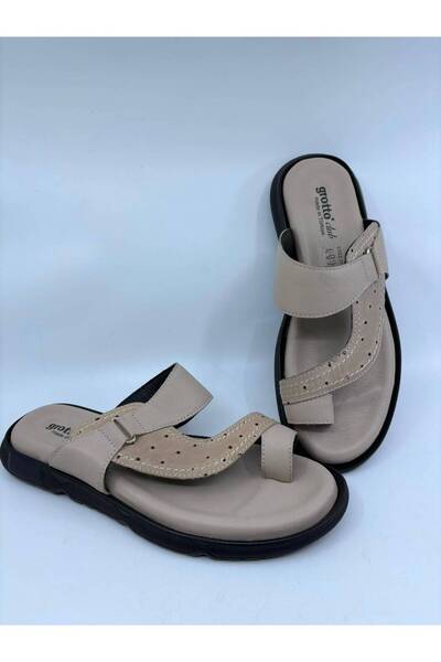 Papuccu Beige Men's Flip Flops Genuine Leather Slippers