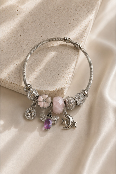 PABALAS Women's Silver Color Steel Charm Bracelet with Flower Butterfly Moon ...