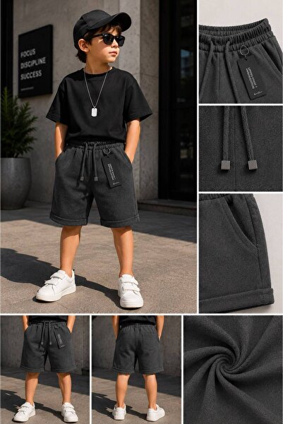 ALFİRA TEKSTİL FÜME ERKEK ÇOCUK JOGGER ŞORT PİKE KUMAŞ BELİ LASTİKLİ AYARLANA...