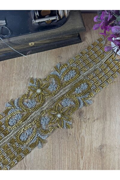 jasmina store حافة دانتيل مطرزة بنمط زهور مع خرز ذهبي (1 متر)