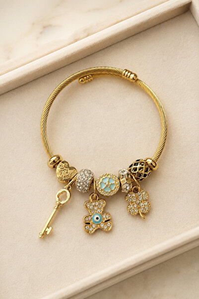 PABALAS Women's Gold Steel Charm Bracelet with Key, Teddy Bear, Clover, Heart...