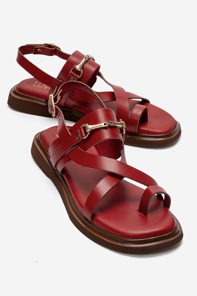LuviShoes Fabiana Red Genuine Leather Buckle Women's Flip-Flop Sandals