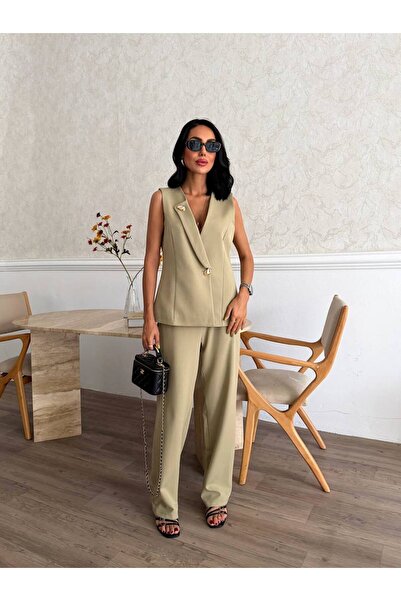 Bella Breeze Women's Vest Pants Gold Button Detailed Stylish Two-Piece Set