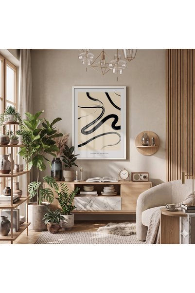 KOLAJTASARIM Tablou unic cu ramă din lemn alb — Artă abstractă Black Flow pen...