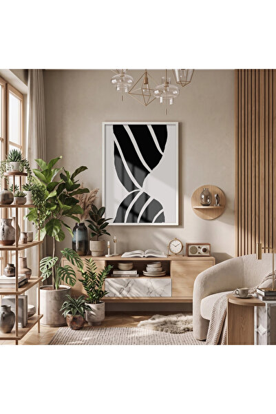 KOLAJTASARIM Pictură monocromă cu dungi albe înrămate în lemn, decor de peret...
