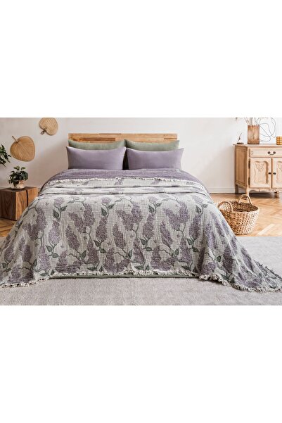 Meet ma ya Natural Muslin Bedspread, Pique Lilac Pattern, 100% Cotton 240*260 cm