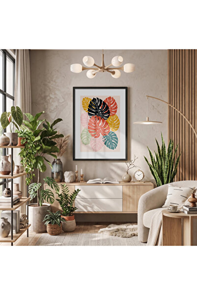 KOLAJTASARIM Πολύχρωμος αφηρημένος πίνακας Monstera με μαύρο ξύλινο πλαίσιο, ...