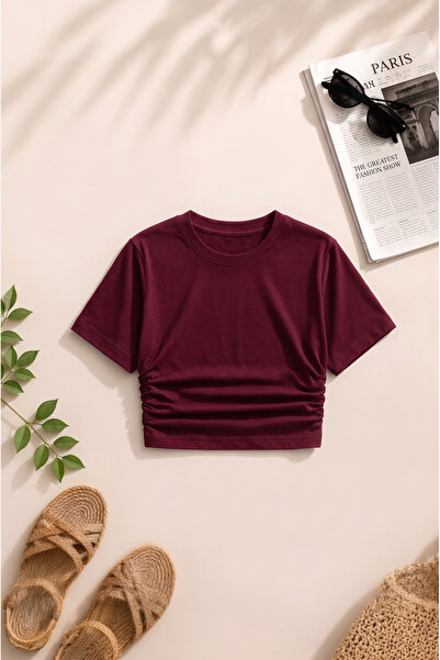 uyguntarz Women's Burgundy Crop Blouse Crew Neck Short Sleeve Casual Basic T-...