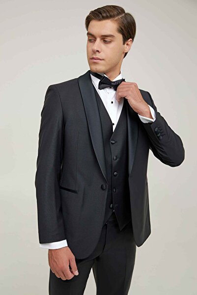 Damat Slim Fit Siyah Düz Yünlü Damatlık & Takim Elbise Yelekli