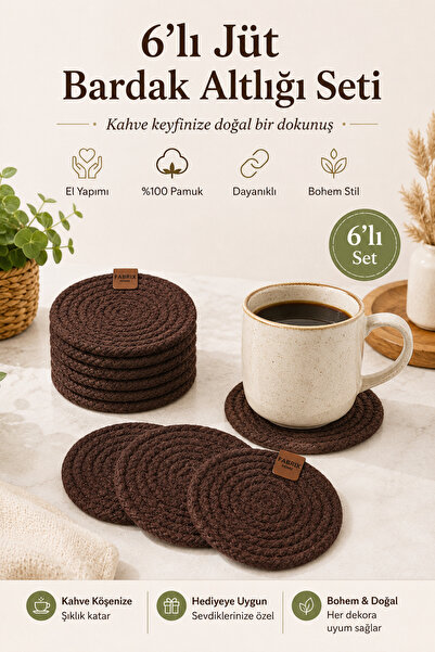 Fabrix Home Set of 6 Handmade Cotton Coasters Brown Bohemian Coffee Corner Decor