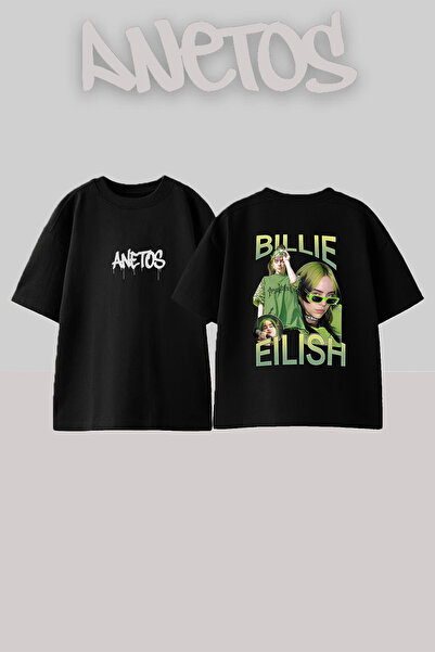 Anetos Billie Eilish_45 dizajn, štampana unisex majica oversize crne boje