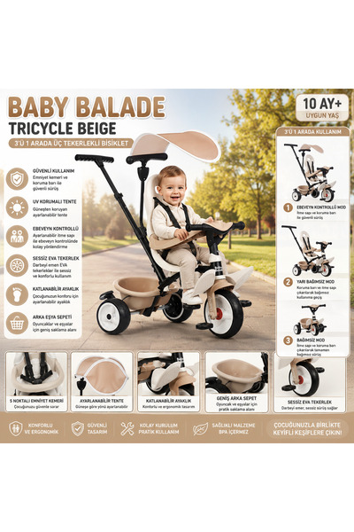 FABBA TOYS 7600741403 Baby Balade Tricycle Beige 3'ü 1 Arada Tenteli Ebeveyn ...