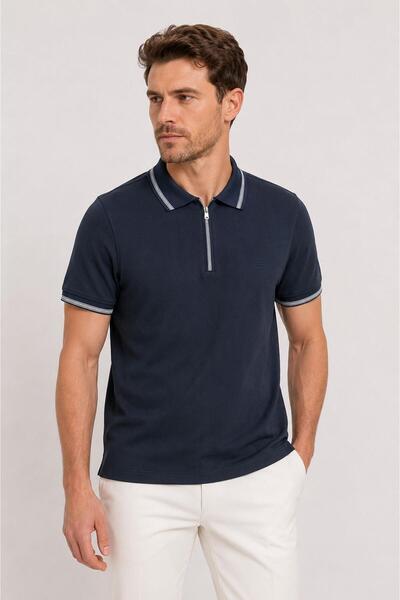 CLASSİCS MEN Ανδρικό μπλουζάκι Troy Slim Fit με λαιμόκοψη πόλο και κοντά μανί...