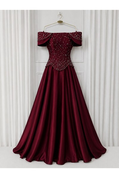 Jood Burgundy Off Shoulder Evening Dress with Shiny Embroidery