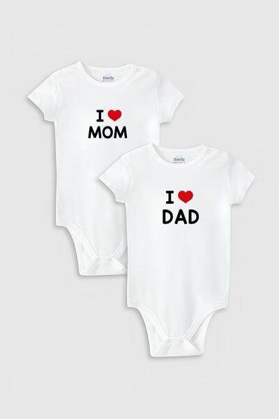 Overoz Organic 100% Cotton "I Love Mom and Dad" Printed Snap Fastener Two-Pie...