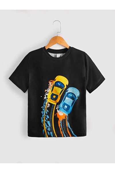 TİMİSİVA Children's Printed Crew Neck Short Sleeve Black T-Shirt