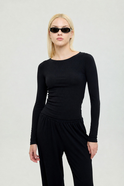 SHEISMONO Soft Rib Boat Neck Blouse Black