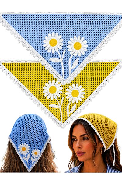 MyHubi Bandană vintage tricotată pentru femei, cu motiv floral cu margarete, ...
