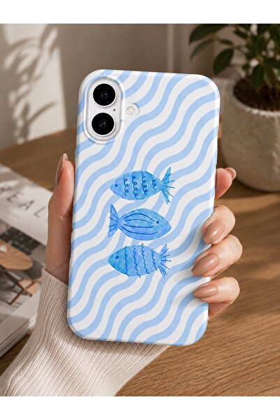 OVADA İphone 17 Uyumlu Mavi Balık Desenli Kadife Soft Telefon Kılıfı