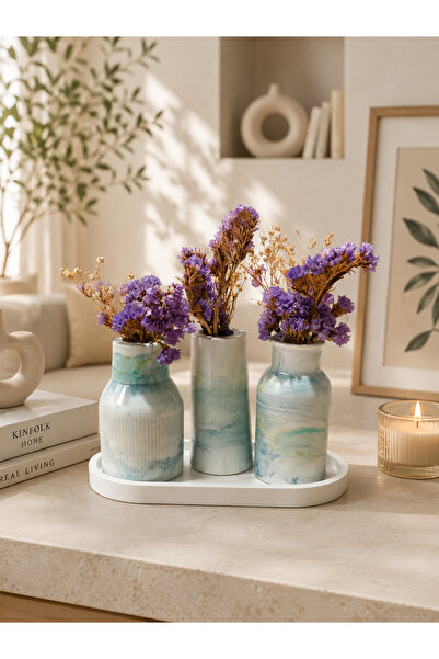 DUYGU SÖĞÜT TASARIM Atelier Bloom El Yapımı Mermer Desenli 3'lü Beton Vazo Ve...