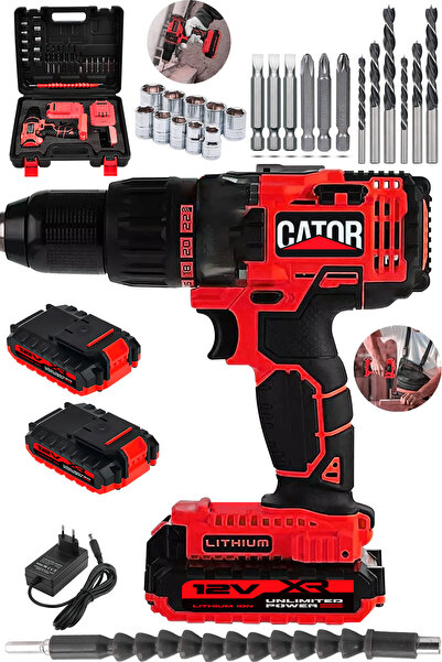 CATOR 12V Metal Şanzıman 24 Parça Uç Setli Çift Akülü Vidalama Şarjlı Matkap