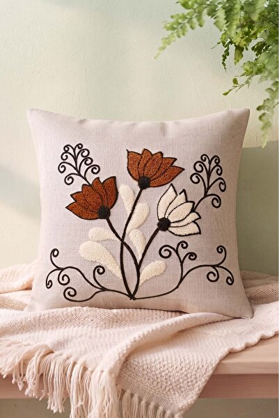 Rivaİstanbul Brown Curved Branch Patterned Punch Decorative Throw Pillow Cover