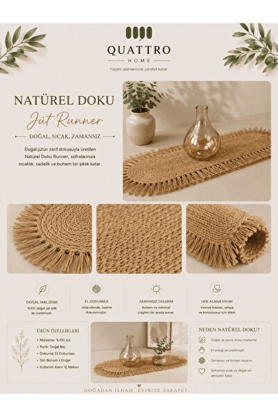 QUATTRO HOME Küçük Boy Runner Hasır Görünümlü Saçaklı Dekoratif Masa Örtüsü