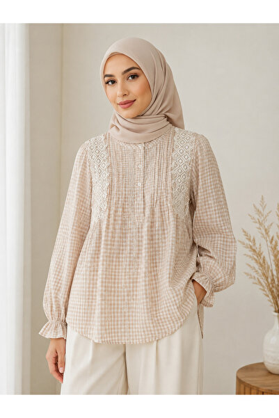 LAYARA COUTURE Gingham Lace Pintuck Blouse Loose Fit, Free size (Fits up to s...
