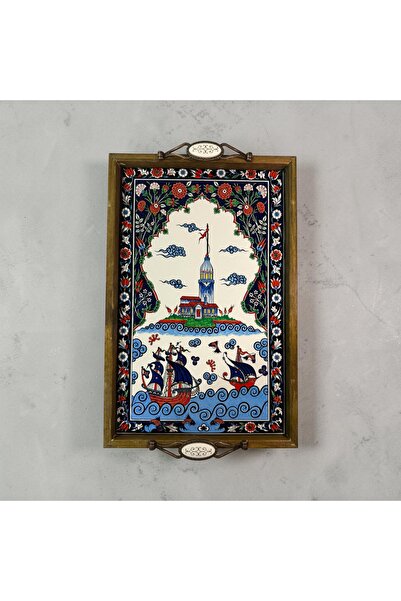 PorcelainAtelier El Yapımı Kütahya Çini Desenli Ahşap & Seramik Tepsi 42x28 c...