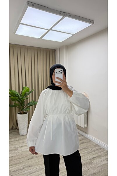 tuğbaprive Kadın Ekru Poplin Bağcıklı Balon Kollu Tunik Bluz Günlük Şık Oversize
