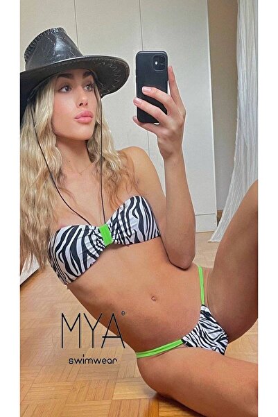 FashionApp Costum de baie, Două piese, Imprimeu zebră, Alb/Negru