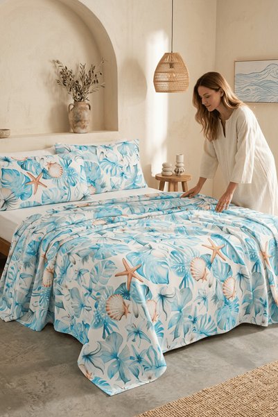 Menderes Home La Notte Sea Marine Çift Kişilik 4 Parça Pike Takımı 210x230 + 160x200 + 2/50x70 cm