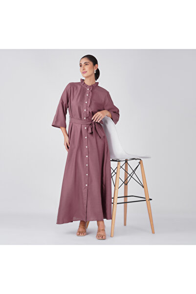 LINELLE Mauve Purple Ruffle Collar Shirt Maxi Dress