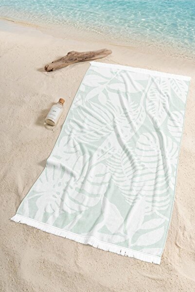 Soley Leafy |   100% Cotton Fringed Beach Towel |   80X150 cm (Green)