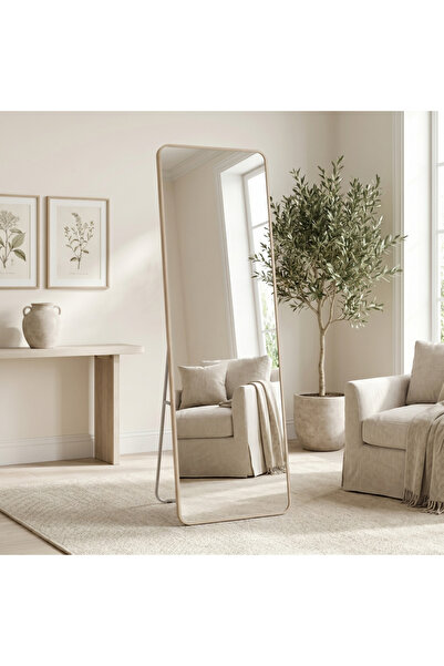 Ebticar Full-Length Floor Mirror with Beige Frame and Metal Stand – Modern Ch...