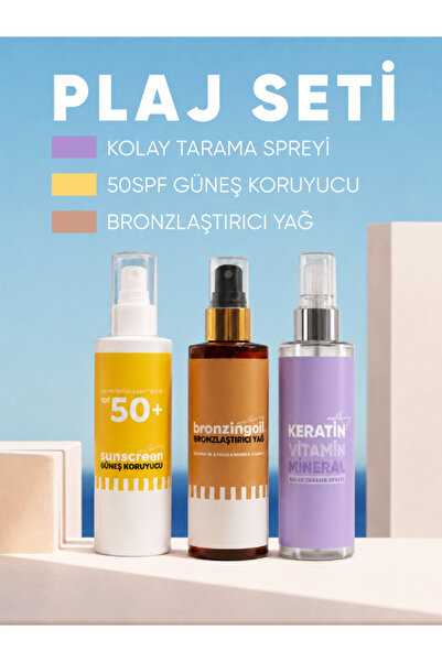3'lü Plaj Seti - Yüz & Vücut Güneş Kremi - SPF 50+ 200 ML - Güneş Koruyucu - Bronzlaştırıcı Yağ 200 ML - Kolay Tarama Saç Spreyi 200 ML