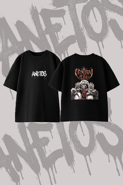 Anetos Central Cee_8 Μπλουζάκι με στάμπα σε σχέδιο Oversize Crew Neck, Μαύρο