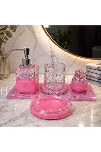 ARTEVIA HOME Pink Luxury Epoksi Banyo Sabunluk Seti - Sıvı Sabunluk, Fırçalık...