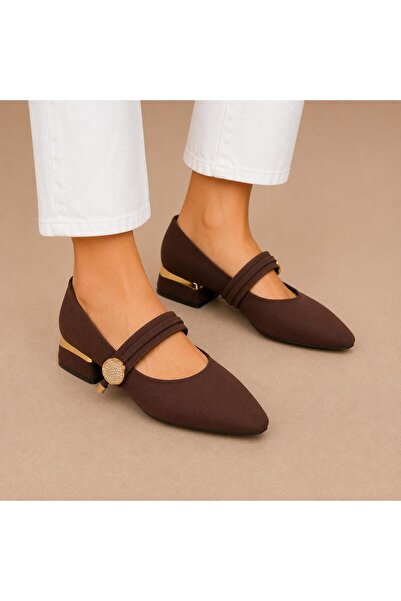 KS KADİR SARAÇ Brown Stone Buckle Satin Short Heel Women's Ballet Shoes
