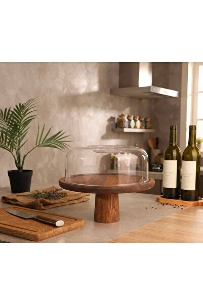 Rabo Craft Large Pedestal Round Wooden Stand Cake Dome and Serving Natural Wo...